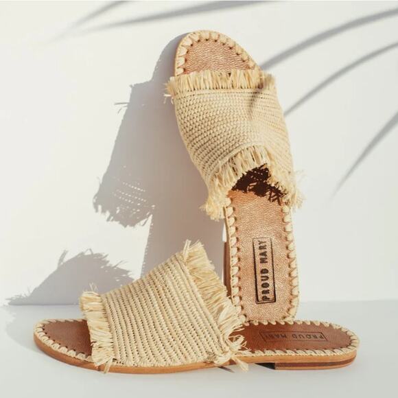 Anthro Proud Mary Raffia Fringe Slide Sandal Women's 37/ 6 US Natural Morocco - Picture 1 of 10